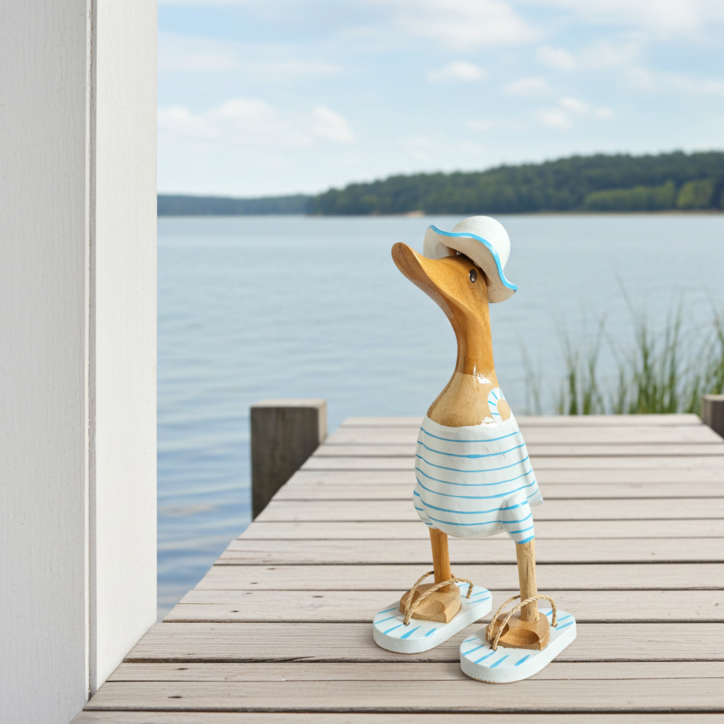 Strandente aus Bambus im weißen Badeanzug mit hellblauen Streifen, Sonnenhut und Flip Flops - Höhe ca. 25 cm. Wunderschöne Deko aus Bambuswurzel. Jedes Teil handgefertigt und ein Unikat. Ein Hingucker für Drinnen und Draußen