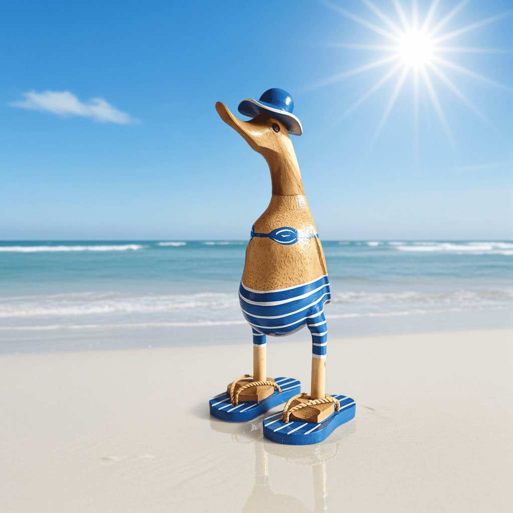 Ente aus Bambus - mit blauen Flip Flops, Hut und Bikini - Höhe ca. 25 cm. 
Wunderschöne Deko aus Bambuswurzel. Jedes Teil handgefertigt und ein Unikat. Ein Hingucker für Drinnen und Draußen.