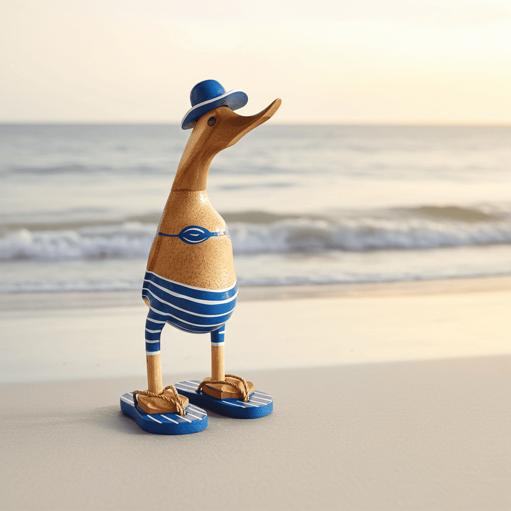 Ente aus Bambus - mit blauen Flip Flops, Hut und Bikini - Höhe ca. 25 cm. 
Wunderschöne Deko aus Bambuswurzel. Jedes Teil handgefertigt und ein Unikat. Ein Hingucker für Drinnen und Draußen.