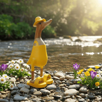 Ente aus Bambus mit Badeanzug und Sonnenhut und Badelatschen in Gelb. Höhe ca. 25 cm.
Wunderschöne Deko aus Bambuswurzel. Jedes Teil handgefertigt und ein Unikat. Ein Hingucker für Drinnen und Draußen.
Ente mit Badeanzug, Sonnenhut und Badelatschen in Gelb
Farbe: natur / gelb
Material: Bambus
Maße: Höhe 25 cm
Ursprung: Indonesien