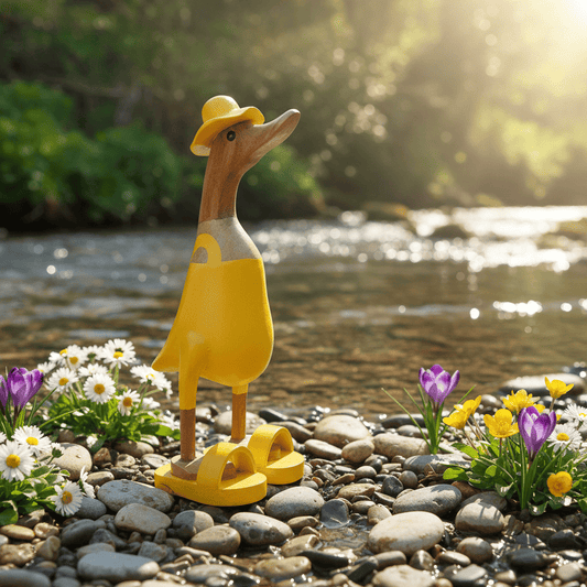 Ente aus Bambus mit Badeanzug und Sonnenhut und Badelatschen in Gelb. Höhe ca. 25 cm.
Wunderschöne Deko aus Bambuswurzel. Jedes Teil handgefertigt und ein Unikat. Ein Hingucker für Drinnen und Draußen.
Ente mit Badeanzug, Sonnenhut und Badelatschen in Gelb
Farbe: natur / gelb
Material: Bambus
Maße: Höhe 25 cm
Ursprung: Indonesien