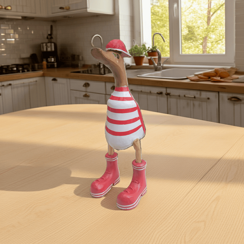 Ente aus Bambus mit Basecap und Turnschuhen - rot geringelt in einer Höhe von ca. 25 cm - Wunderschöne Deko aus Bambuswurzel. Jedes Teil handgefertigt und ein Unikat. Ein Hingucker für Drinnen und Draußen. 
Ente mit Basecap und Turnschuhen rot geringelt - Farbe: natur / rot / weiß - 
Material: Bambus - Maße: Höhe 25 cm - 
Ursprung: Indonesien