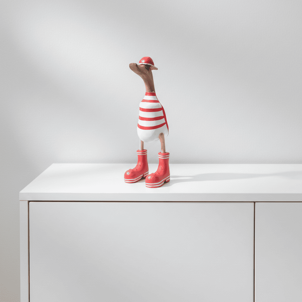 Ente aus Bambus mit Basecap und Turnschuhen - rot geringelt in einer Höhe von ca. 25 cm - Wunderschöne Deko aus Bambuswurzel. Jedes Teil handgefertigt und ein Unikat. Ein Hingucker für Drinnen und Draußen. 
Ente mit Basecap und Turnschuhen rot geringelt - Farbe: natur / rot / weiß - 
Material: Bambus - Maße: Höhe 25 cm - 
Ursprung: Indonesien