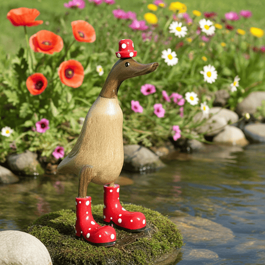 Ente aus Bambus mit roten Stiefeln und Hut in einer Höhe von ca. 25 cm. 
Wunderschöne Deko aus Bambuswurzel. Jedes Teil handgefertigt und ein Unikat. Ein Hingucker für Drinnen und Draußen