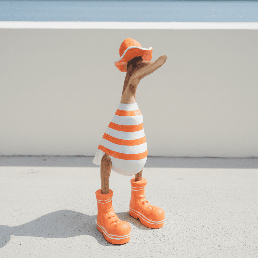 Ente aus Bambus in weiß mit orangen Streifen. Der Sonnenhut und die Turnschuh sind orange mit weißen Akzenten - Höhe ca. 25 cm.
Wunderschöne Deko aus Bambuswurzel. Jedes Teil handgefertigt und ein Unikat. Ein Hingucker für Drinnen und Draußen.
Ente mit Sonnenhut und Turnschuhen in orange - weiß
Farbe: natur / orange / weiß
Material: Bambus
Maße: Höhe 25 cm
Ursprung: Indonesien
