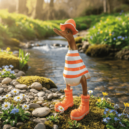 Ente aus Bambus in weiß mit orangen Streifen. Der Sonnenhut und die Turnschuh sind orange mit weißen Akzenten - Höhe ca. 25 cm.
Wunderschöne Deko aus Bambuswurzel. Jedes Teil handgefertigt und ein Unikat. Ein Hingucker für Drinnen und Draußen.
Ente mit Sonnenhut und Turnschuhen in orange - weiß
Farbe: natur / orange / weiß
Material: Bambus
Maße: Höhe 25 cm
Ursprung: Indonesien