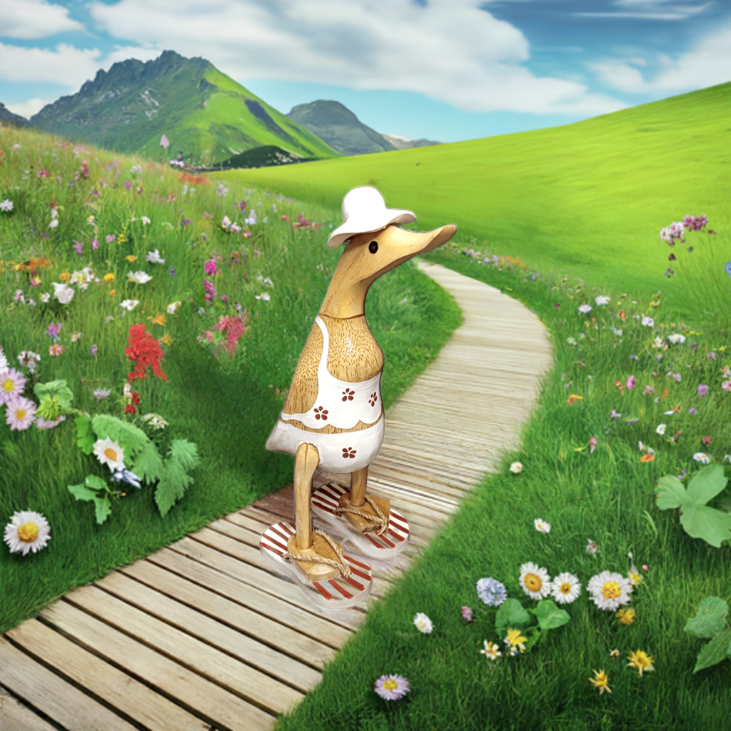 Ente aus Bambus im weißen Blümchen Kleid, mit Flip Flops und Sonnenhut - Höhe von 25 cm. Wunderschöne Deko aus Bambuswurzel. Jedes Teil handgefertigt und ein Unikat. Ein Hingucker für Drinnen und Draußen.