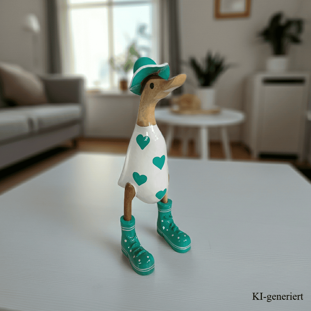 Bambusente - mit grünen Herzen, grünen Stiefeln und Sonnenhut. Die Höhe beträgt ca. 25 cm. Wunderschöne Deko aus Bambuswurzel. Jedes Teil handgefertigt und ein Unikat. Ein Hingucker für Drinnen und Draußen.
Zudem stehen die Enten aus Bambus für Familie, Treue Liebe und Holz für Wachstum. So macht es sie dadurch auch zu einem bedeutungsvollen Geschenk für einen lieben Menschen.