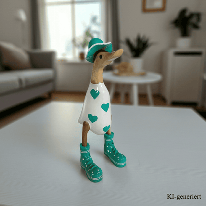Bambusente - mit grünen Herzen, grünen Stiefeln und Sonnenhut. Die Höhe beträgt ca. 25 cm. Wunderschöne Deko aus Bambuswurzel. Jedes Teil handgefertigt und ein Unikat. Ein Hingucker für Drinnen und Draußen.
Zudem stehen die Enten aus Bambus für Familie, Treue Liebe und Holz für Wachstum. So macht es sie dadurch auch zu einem bedeutungsvollen Geschenk für einen lieben Menschen.
