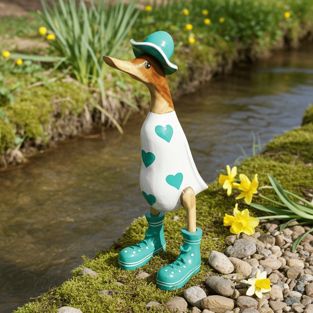 Bambusente - mit grünen Herzen, grünen Stiefeln und Sonnenhut. Die Höhe beträgt ca. 25 cm. Wunderschöne Deko aus Bambuswurzel. Jedes Teil handgefertigt und ein Unikat. Ein Hingucker für Drinnen und Draußen.
Zudem stehen die Enten aus Bambus für Familie, Treue Liebe und Holz für Wachstum. So macht es sie dadurch auch zu einem bedeutungsvollen Geschenk für einen lieben Menschen.