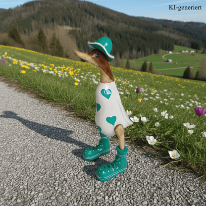 Bambusente - mit grünen Herzen, grünen Stiefeln und Sonnenhut. Die Höhe beträgt ca. 25 cm. Wunderschöne Deko aus Bambuswurzel. Jedes Teil handgefertigt und ein Unikat. Ein Hingucker für Drinnen und Draußen.
Zudem stehen die Enten aus Bambus für Familie, Treue Liebe und Holz für Wachstum. So macht es sie dadurch auch zu einem bedeutungsvollen Geschenk für einen lieben Menschen.