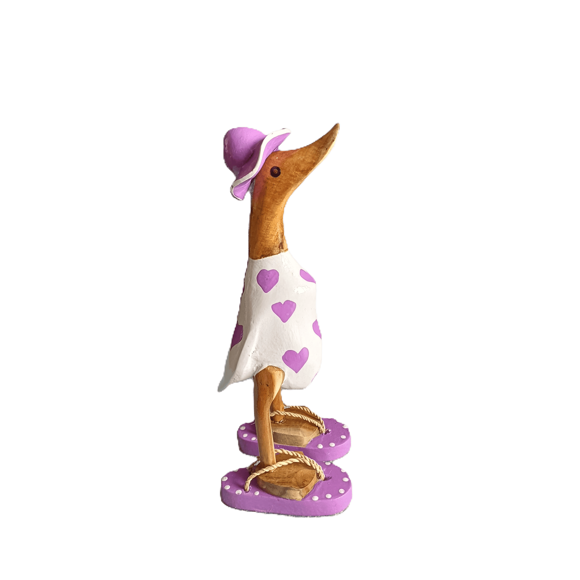 Ente aus Bambus - mit lila Herzen, lila Flip Flops und Sonnenhut und einer Höhe von 25 cm. Wunderschöne Deko aus Bambuswurzel. Jedes Teil handgefertigt und ein Unikat. Ein Hingucker für Drinnen und Draußen