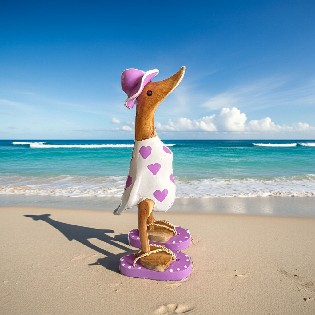 Ente aus Bambus - mit lila Herzen, lila Flip Flops und Sonnenhut und einer Höhe von 25 cm. Wunderschöne Deko aus Bambuswurzel. Jedes Teil handgefertigt und ein Unikat. Ein Hingucker für Drinnen und Draußen