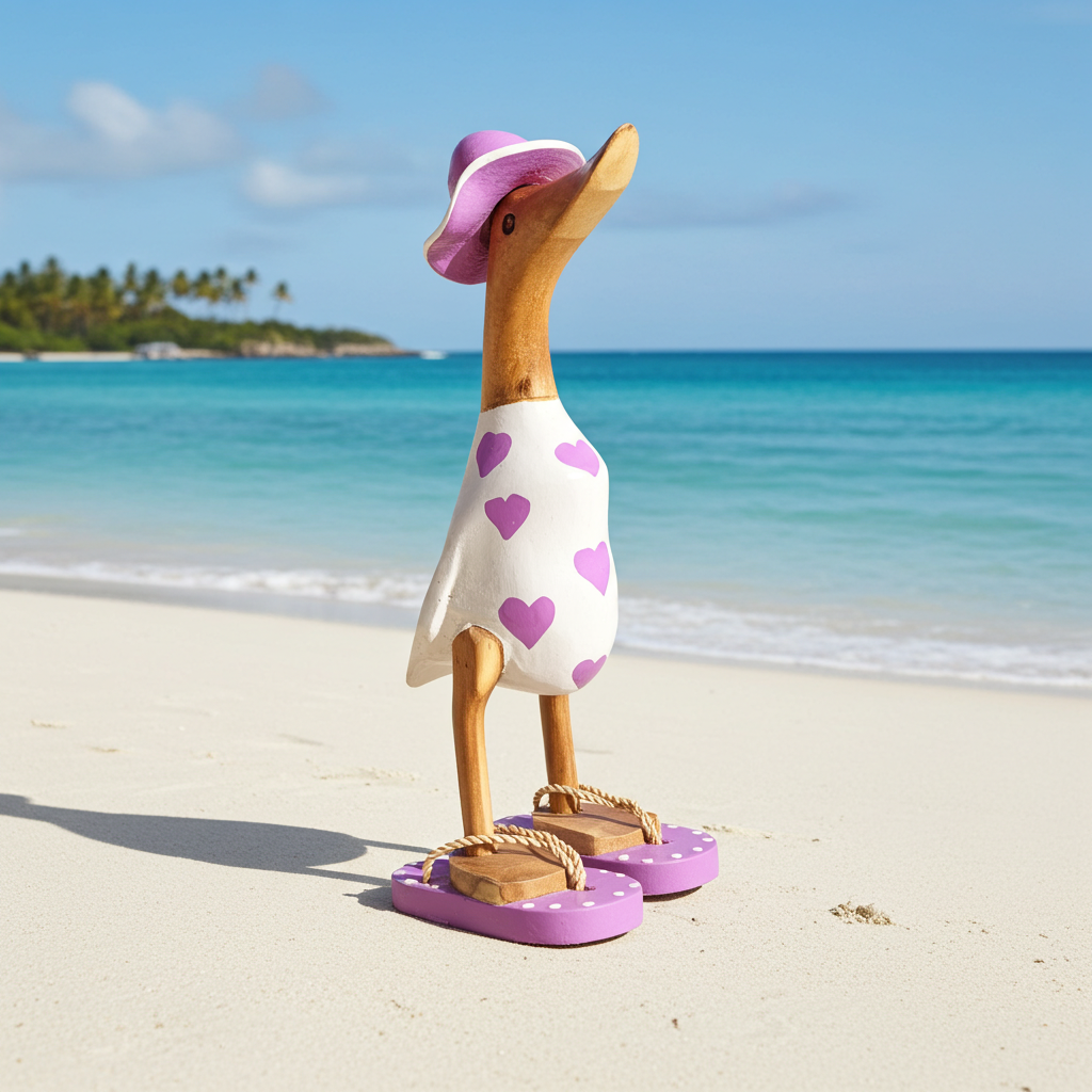 Ente aus Bambus - mit lila Herzen, lila Flip Flops und Sonnenhut und einer Höhe von 25 cm. Wunderschöne Deko aus Bambuswurzel. Jedes Teil handgefertigt und ein Unikat. Ein Hingucker für Drinnen und Draußen