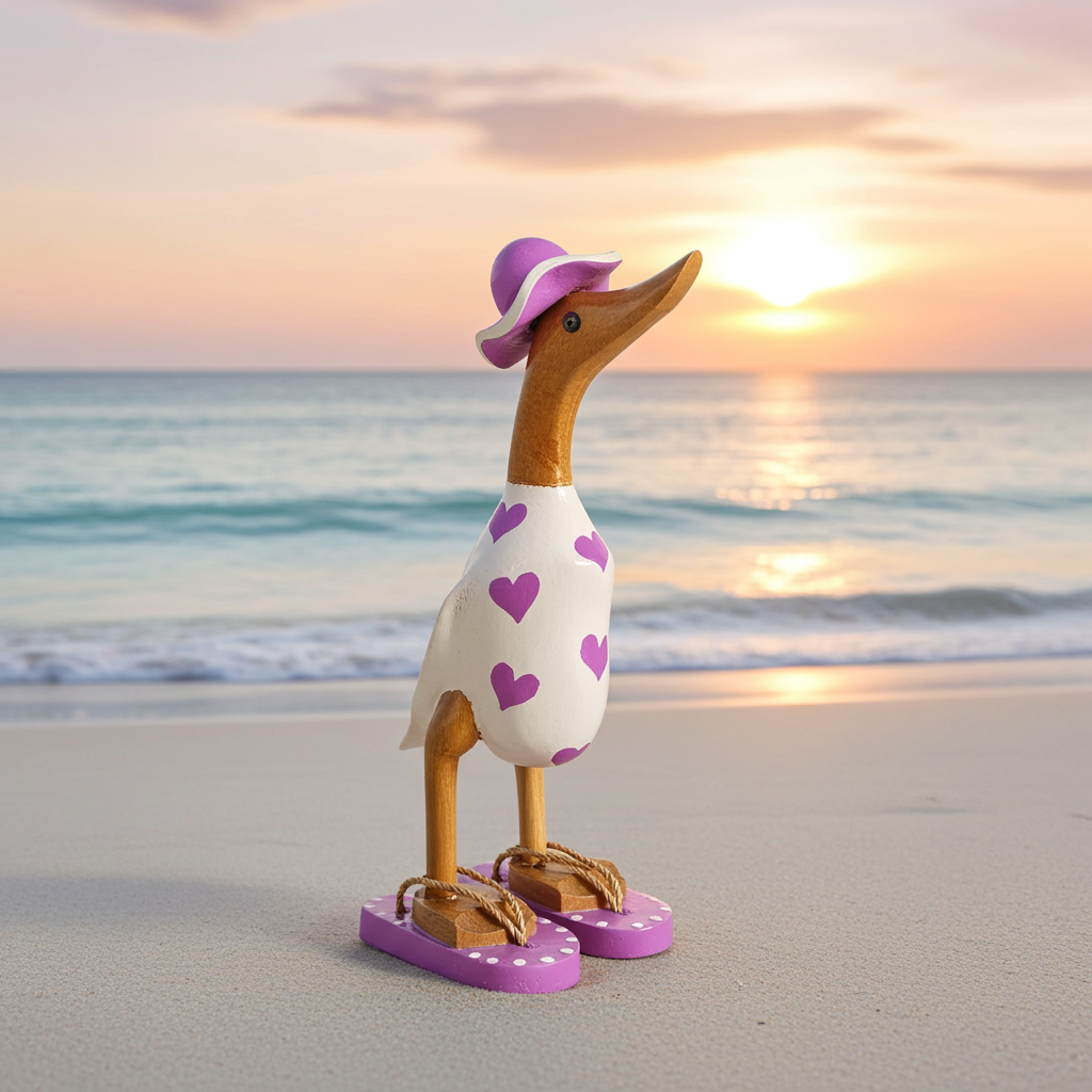 Ente aus Bambus - mit lila Herzen, lila Flip Flops und Sonnenhut und einer Höhe von 25 cm. Wunderschöne Deko aus Bambuswurzel. Jedes Teil handgefertigt und ein Unikat. Ein Hingucker für Drinnen und Draußen