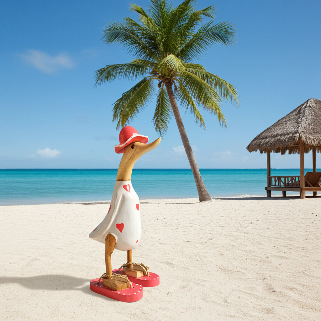 Ente aus Bambus - mit roten Herzen, roten Flip Flops und Sonnenhut und einer Höhe von 25 cm. Wunderschöne Deko aus Bambuswurzel. Jedes Teil handgefertigt und ein Unikat. Ein Hingucker für Drinnen und Draußen