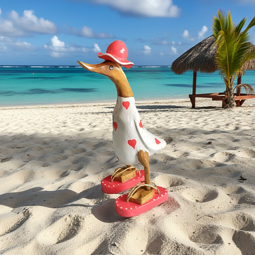 Ente aus Bambus - mit roten Herzen, roten Flip Flops und Sonnenhut und einer Höhe von 25 cm. Wunderschöne Deko aus Bambuswurzel. Jedes Teil handgefertigt und ein Unikat. Ein Hingucker für Drinnen und Draußen