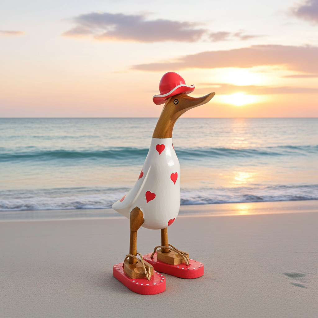 Ente aus Bambus - mit roten Herzen, roten Flip Flops und Sonnenhut und einer Höhe von 25 cm. Wunderschöne Deko aus Bambuswurzel. Jedes Teil handgefertigt und ein Unikat. Ein Hingucker für Drinnen und Draußen