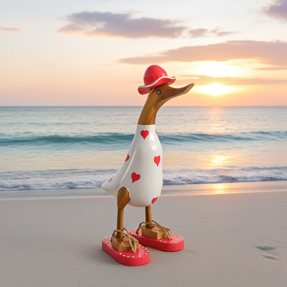 Ente aus Bambus - mit roten Herzen, roten Flip Flops und Sonnenhut und einer Höhe von 25 cm. Wunderschöne Deko aus Bambuswurzel. Jedes Teil handgefertigt und ein Unikat. Ein Hingucker für Drinnen und Draußen