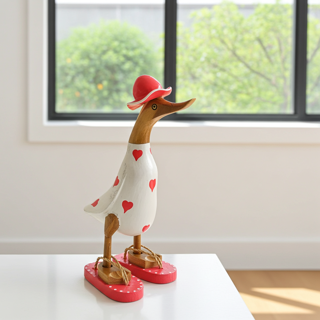 Ente aus Bambus - mit roten Herzen, roten Flip Flops und Sonnenhut und einer Höhe von 25 cm. Wunderschöne Deko aus Bambuswurzel. Jedes Teil handgefertigt und ein Unikat. Ein Hingucker für Drinnen und Draußen