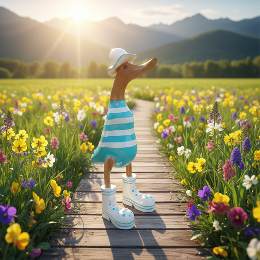 Ente aus Bambus in türkis mit weißen Streifen. Der Sonnenhut und die Turnschuh sind weiß, mit türkisen Akzenten - Höhe ca. 25 cm. 
Wunderschöne Deko aus Bambuswurzel. Jedes Teil handgefertigt und ein Unikat. Ein Hingucker für Drinnen und Draußen. 
Ente mit Sonnenhut und Turnschuhen in türkis - weiß
Farbe: natur / türkis / weiß
Material: Bambus
Maße: Höhe 25 cm
Ursprung: Indonesien