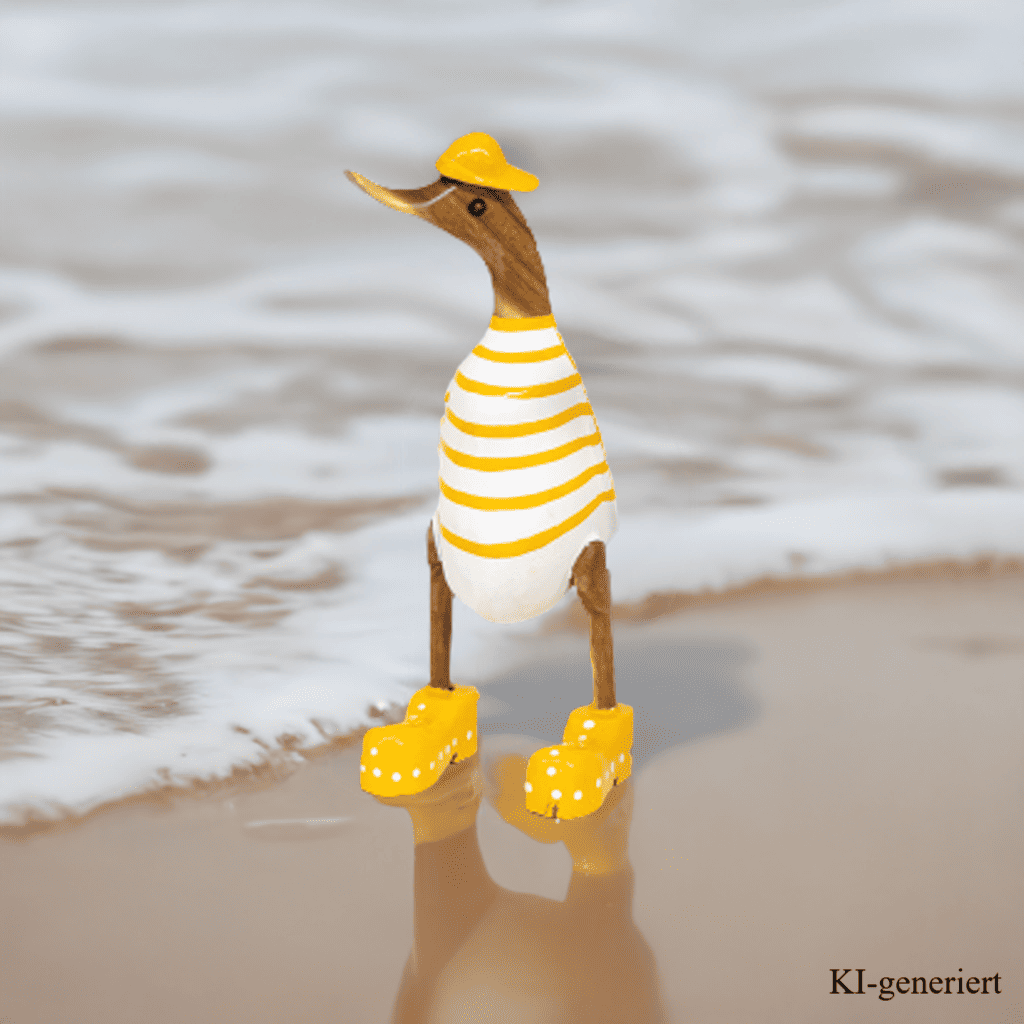 Bambusente als Strandente mit gelben Schuhen und Cap in einer Höhe von 25 cm.
Wunderschöne Deko aus Bambuswurzel. Jedes Teil handgefertigt und ein Unikat. Ein Hingucker für Drinnen und Draußen.
Zudem stehen die Enten aus Bambus für Familie, Treue & Liebe und Holz für Wachstum. So macht es sie dadurch auch zu einem bedeutungsvollen Geschenk für einen lieben Menschen.