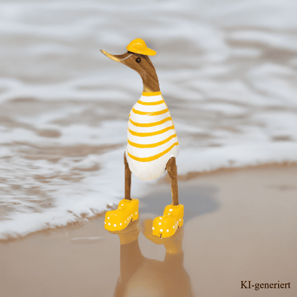 Bambusente als Strandente mit gelben Schuhen und Cap in einer Höhe von 25 cm.
Wunderschöne Deko aus Bambuswurzel. Jedes Teil handgefertigt und ein Unikat. Ein Hingucker für Drinnen und Draußen.
Zudem stehen die Enten aus Bambus für Familie, Treue & Liebe und Holz für Wachstum. So macht es sie dadurch auch zu einem bedeutungsvollen Geschenk für einen lieben Menschen.