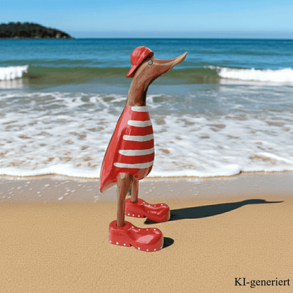 Bambusente als Strandente mit roten Schuhen und Cap in einer Höhe von 25 cm.
Wunderschöne Deko aus Bambuswurzel. Jedes Teil handgefertigt und ein Unikat. Ein Hingucker für Drinnen und Draußen.
Zudem stehen die Enten aus Bambus für Familie, Treue & Liebe und Holz für Wachstum. So macht es sie dadurch auch zu einem bedeutungsvollen Geschenk für einen lieben Menschen.