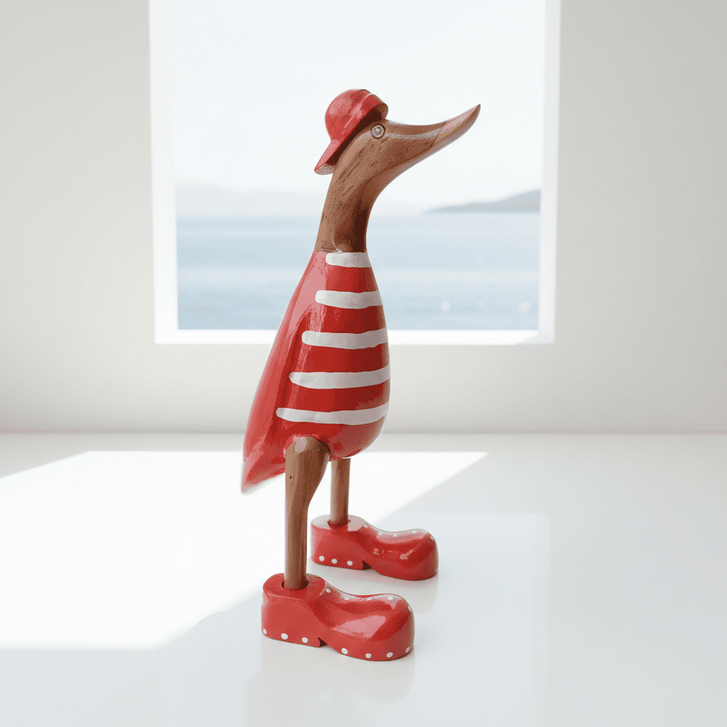 Strandente aus Bambus mit roten Schuhen und Cap in einer Höhe von 25 cm - Wunderschöne Deko aus Bambuswurzel. Jedes Teil handgefertigt und ein Unikat. Ein Hingucker für Drinnen und Draußen. 
Ente mit Schuhen + Cap / rot - 
Varianten: - weiß mit roten Streifen
- rot mit weißen Streifen 
Farbe: natur / rot / weiß - Material: Bambus - Maße: Höhe 25 cm - 
Ursprung: Indonesien - Lieferumfang: 1 Bambusente in der ausgesuchten Variante