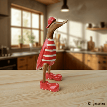 Bambusente als Strandente mit roten Schuhen und Cap in einer Höhe von 25 cm.
Wunderschöne Deko aus Bambuswurzel. Jedes Teil handgefertigt und ein Unikat. Ein Hingucker für Drinnen und Draußen.
Zudem stehen die Enten aus Bambus für Familie, Treue & Liebe und Holz für Wachstum. So macht es sie dadurch auch zu einem bedeutungsvollen Geschenk für einen lieben Menschen.