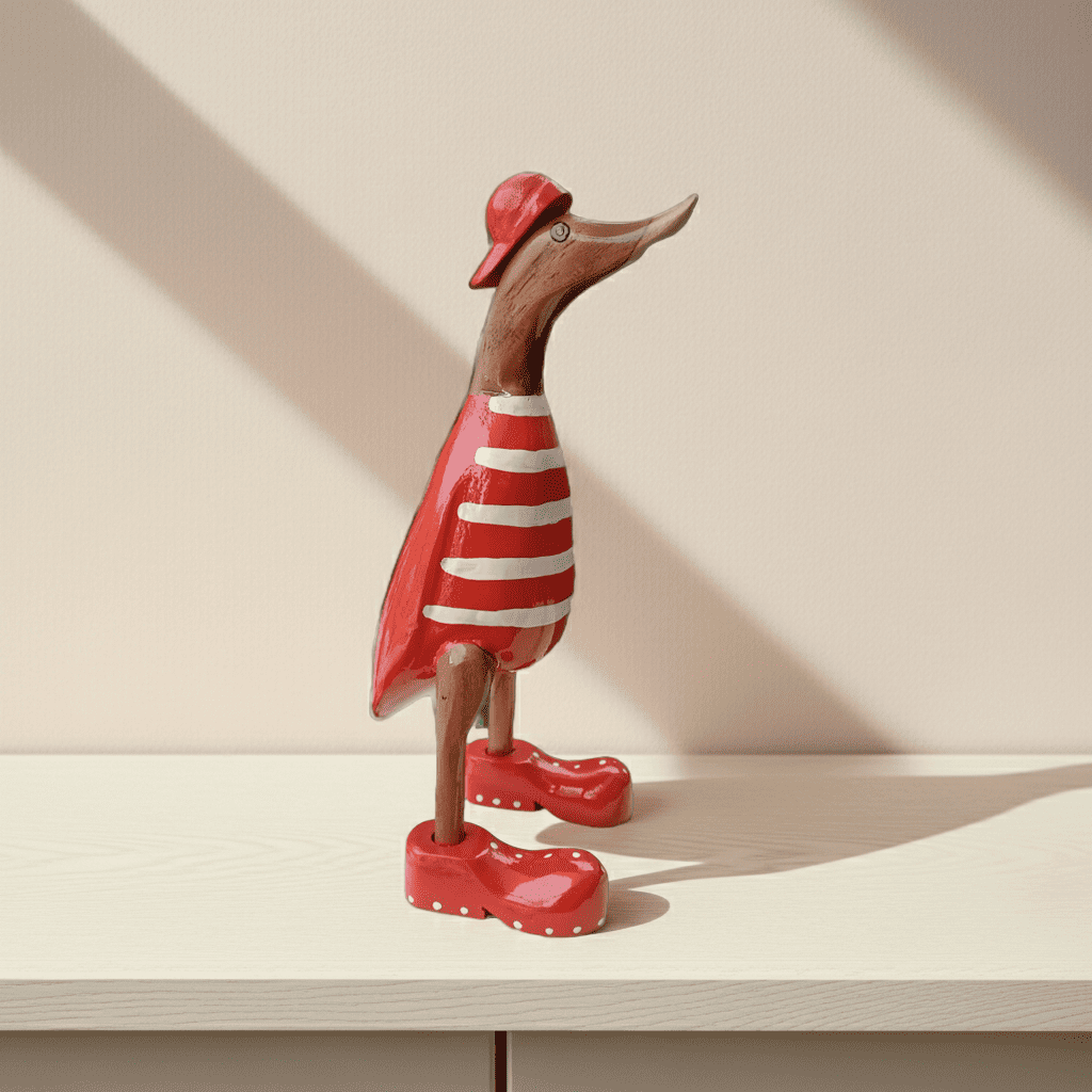 Strandente aus Bambus mit roten Schuhen und Cap in einer Höhe von 25 cm - Wunderschöne Deko aus Bambuswurzel. Jedes Teil handgefertigt und ein Unikat. Ein Hingucker für Drinnen und Draußen. 
Ente mit Schuhen + Cap / rot - 
Varianten: - weiß mit roten Streifen
- rot mit weißen Streifen 
Farbe: natur / rot / weiß - Material: Bambus - Maße: Höhe 25 cm - 
Ursprung: Indonesien - Lieferumfang: 1 Bambusente in der ausgesuchten Variante