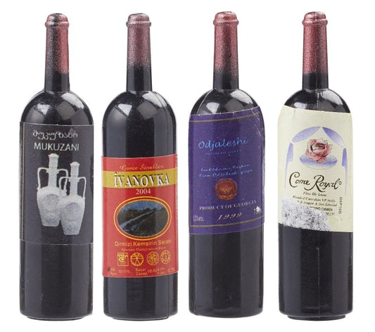 4 Weinflaschen mit farbigen Etiketten - Wichtelwelt - Miniatur - Geschenk - s´Wichtal